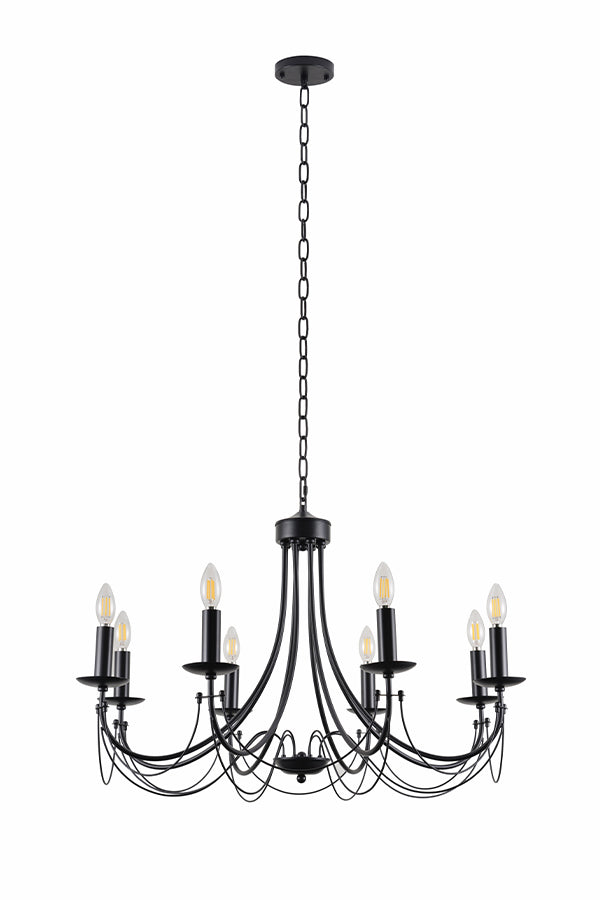 8-Light Matte Black Traditional Candle-Style Hanging Chandelier