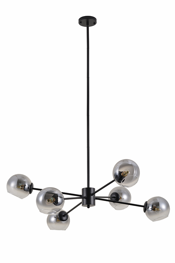 6-Light Modern Sputnik Chandelier – Black Metal & Glass Pendant Lighting