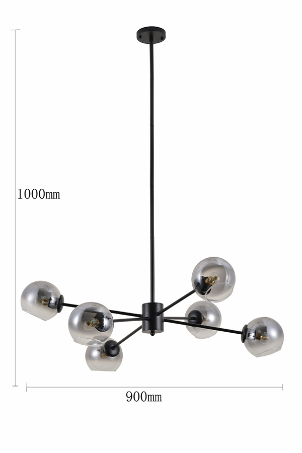 6-Light Modern Sputnik Chandelier – Black Metal & Glass Pendant Lighting