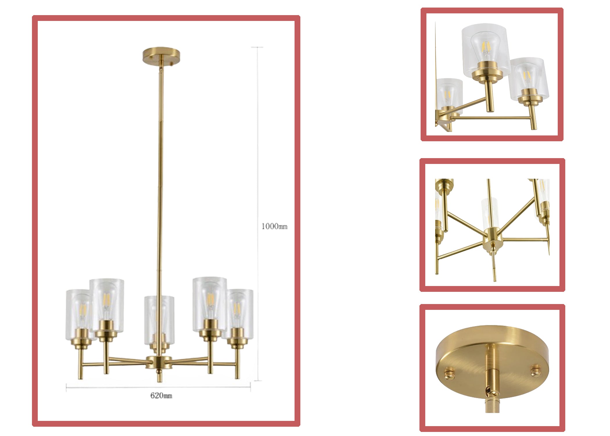 5-Light Gold Modern Clear Glass Chandelier