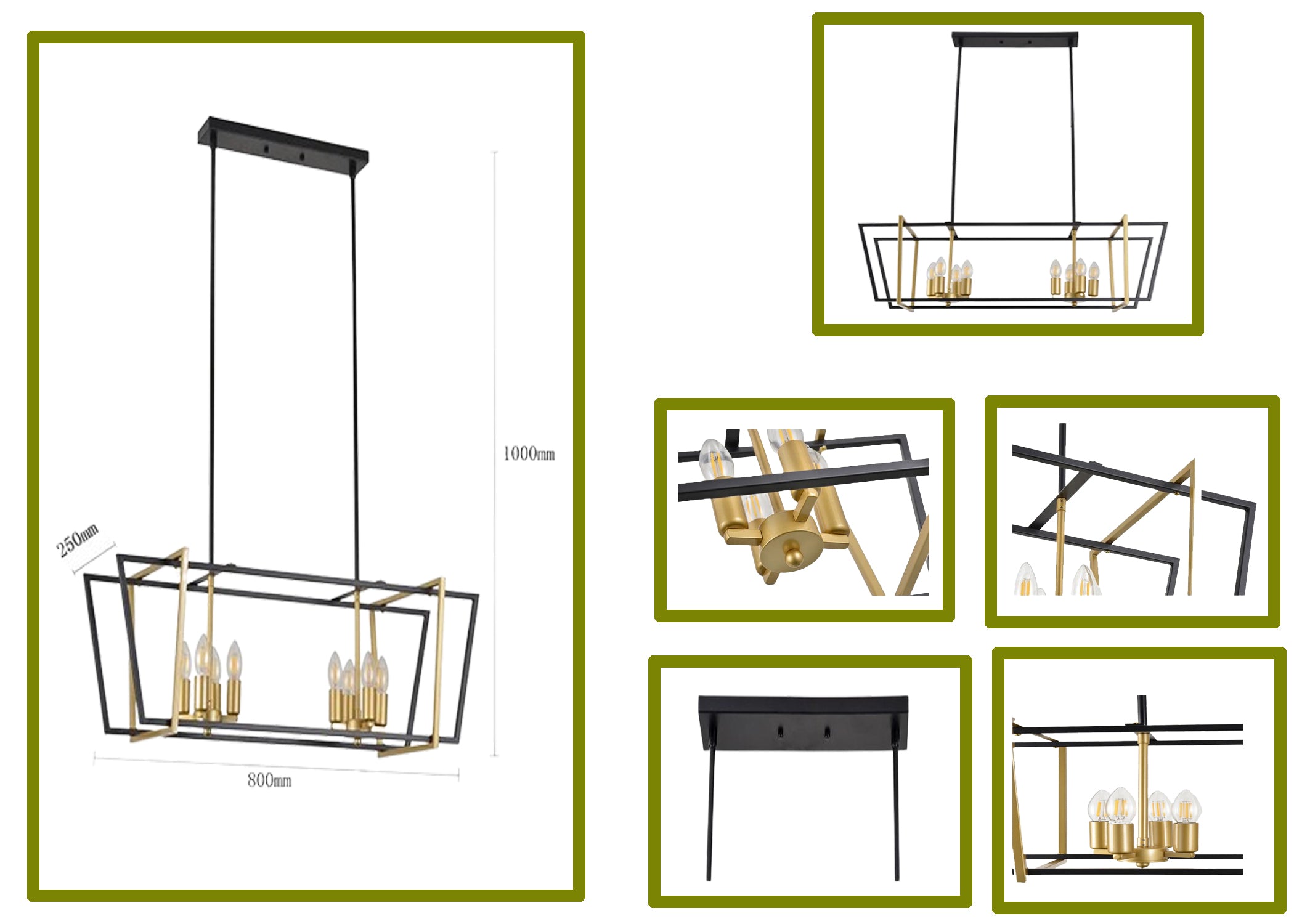 8-Light Black and Gold Modern Rectangular Chandelier