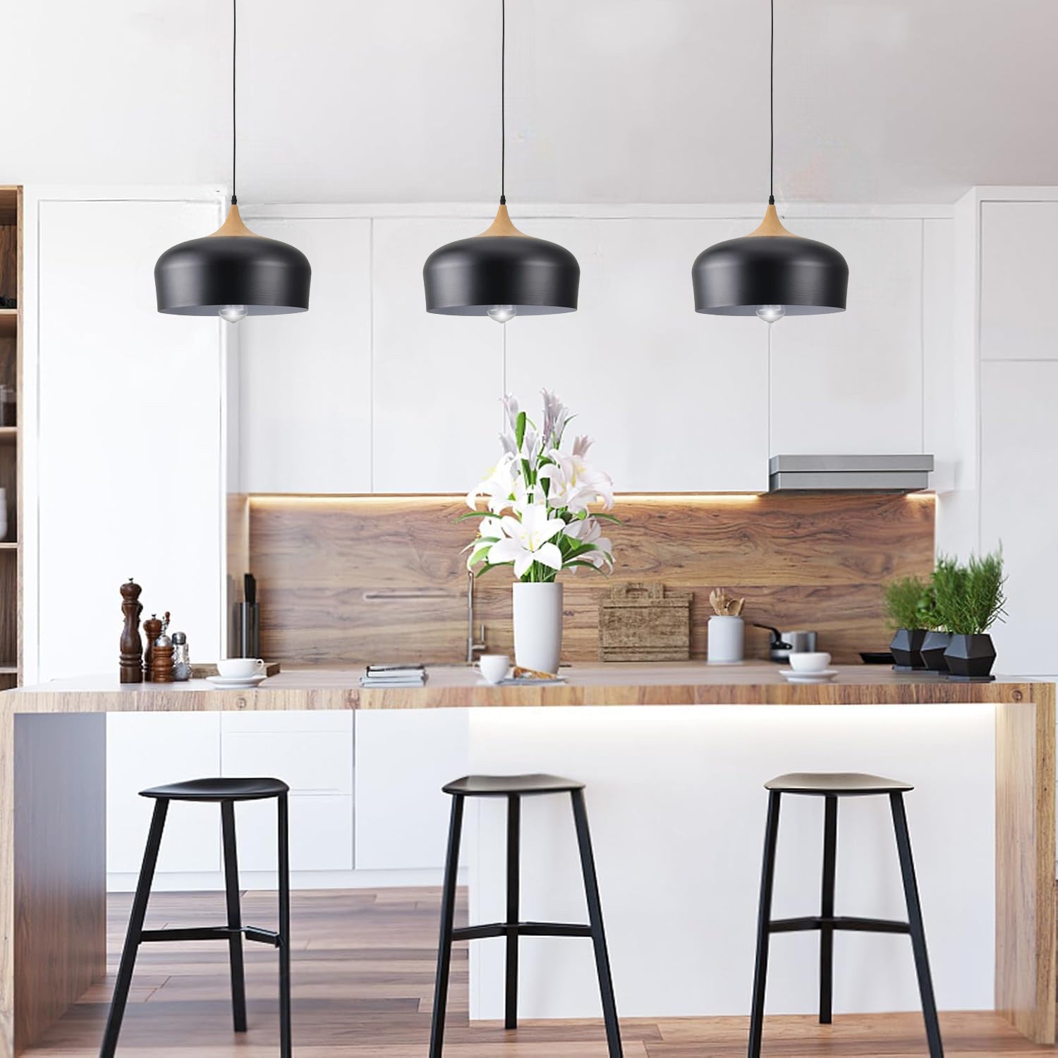 1-Light Black and Faux Wood Modern Pendant Light