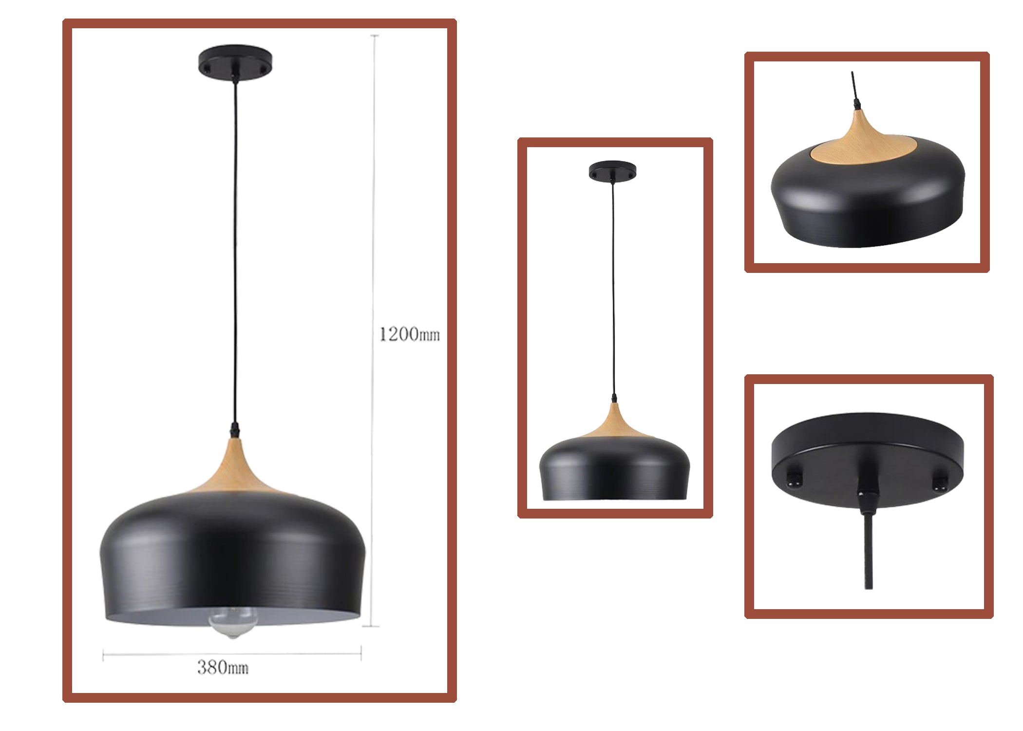 1-Light Black and Faux Wood Modern Pendant Light