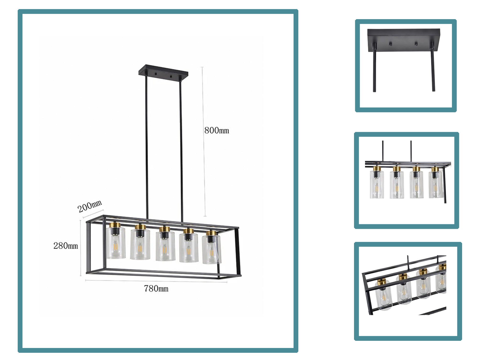 5-Light Black and Gold Modern Rectangular Clear Glass Chandelier