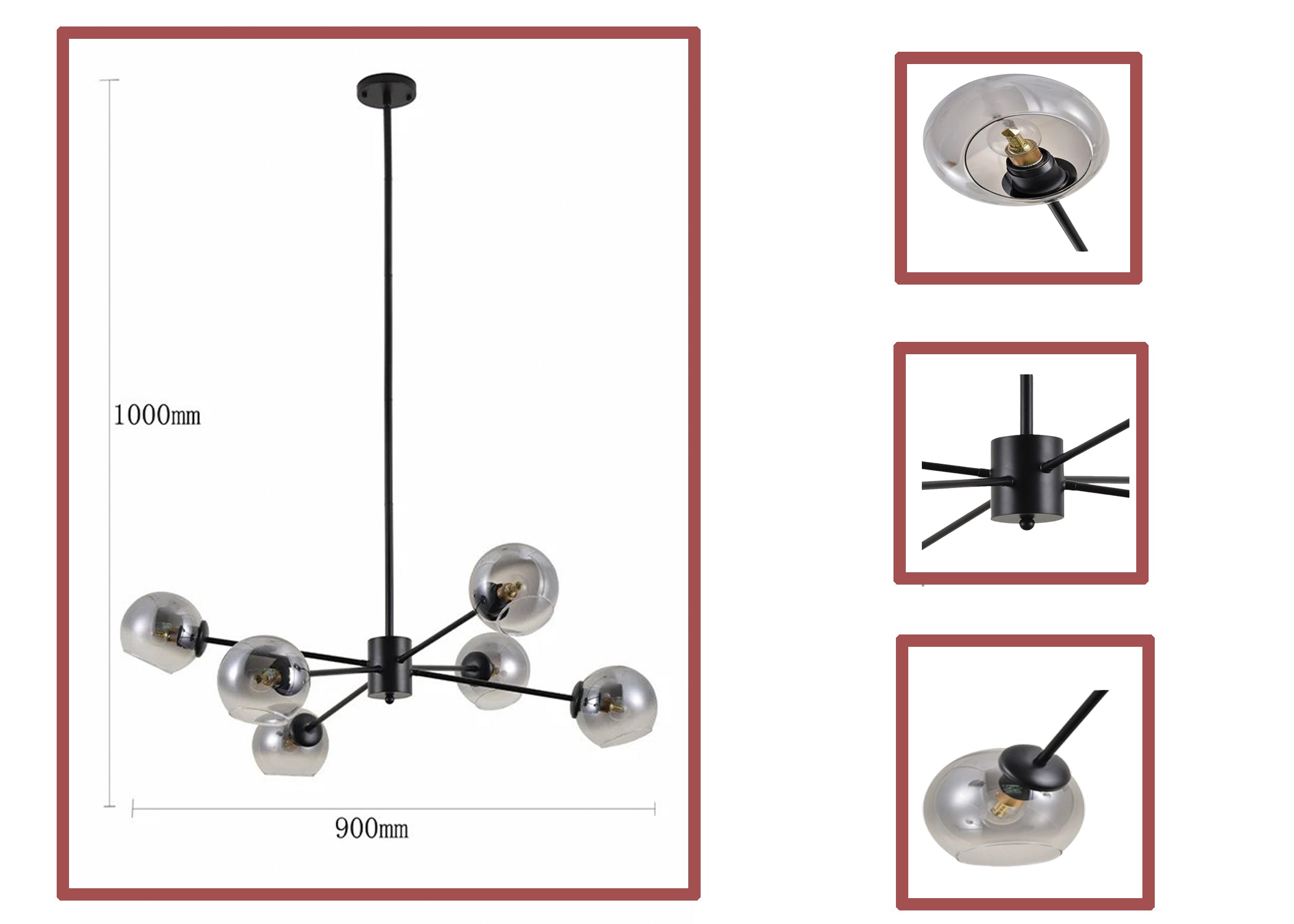 6-Light Modern Sputnik Chandelier – Black Metal & Glass Pendant Lighting