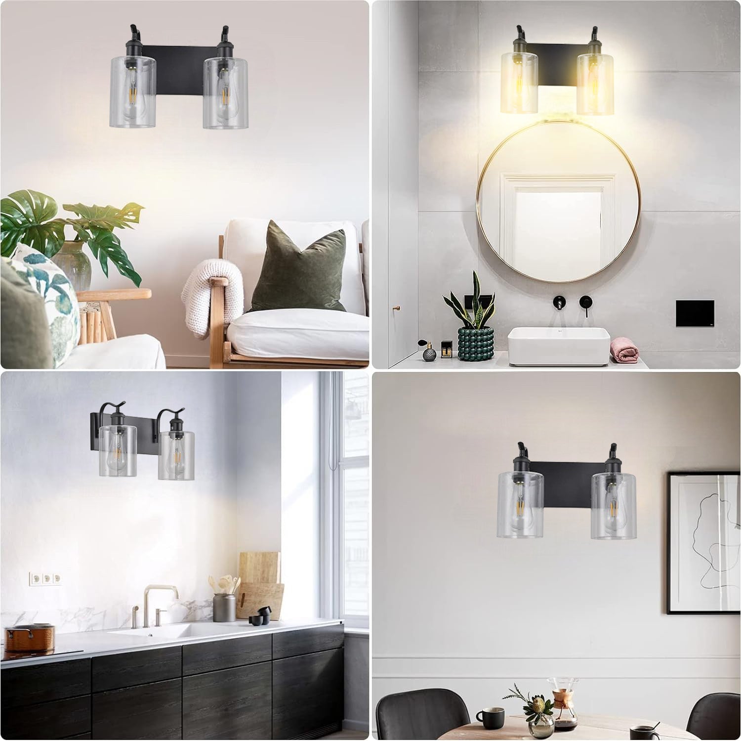 2-Light Black Modern Clear Glass Wall Sconce