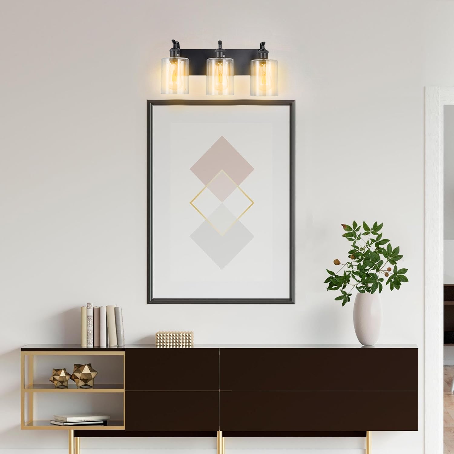 3-Light Black Modern Clear Glass Wall Sconce