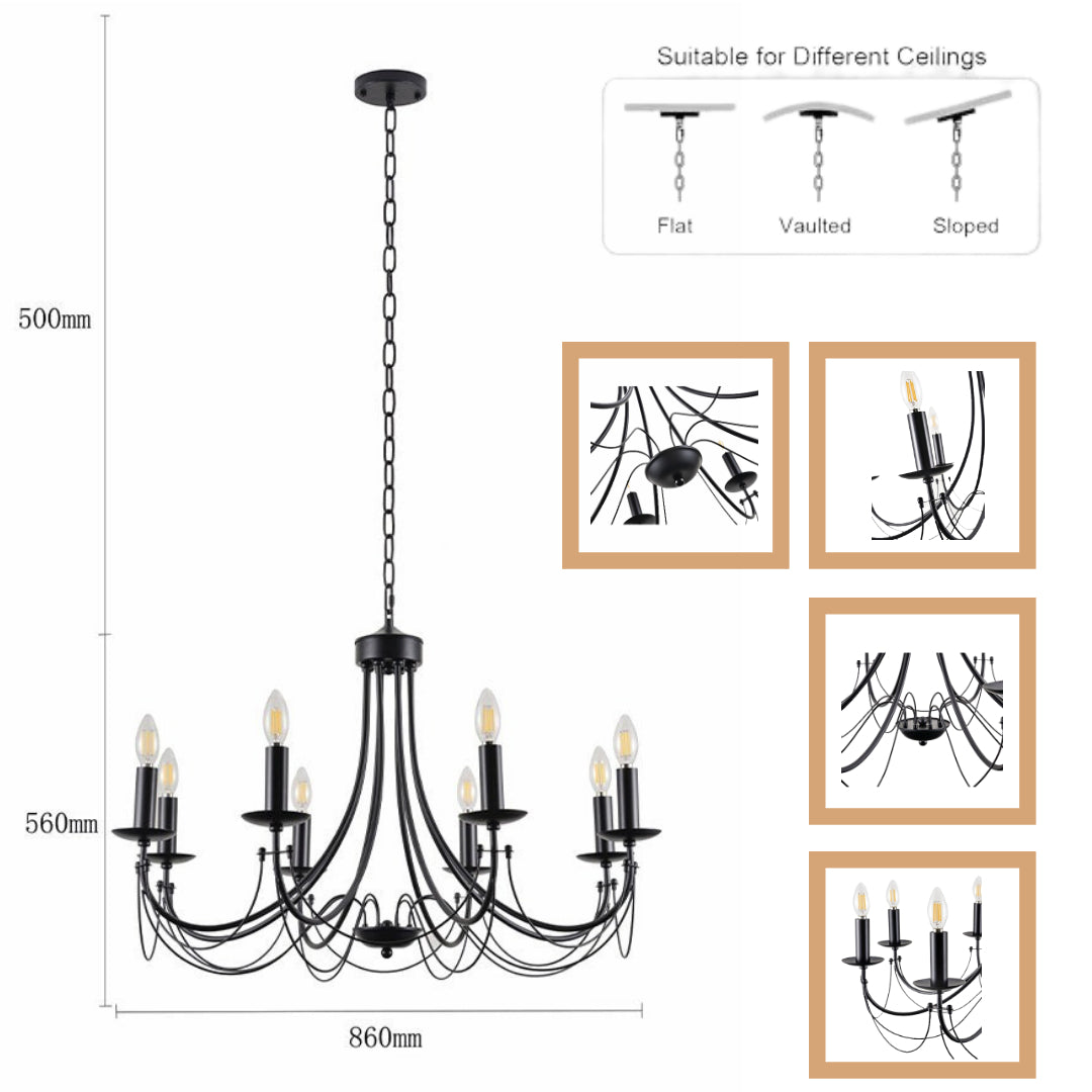 8-Light Matte Black Traditional Candle-Style Hanging Chandelier